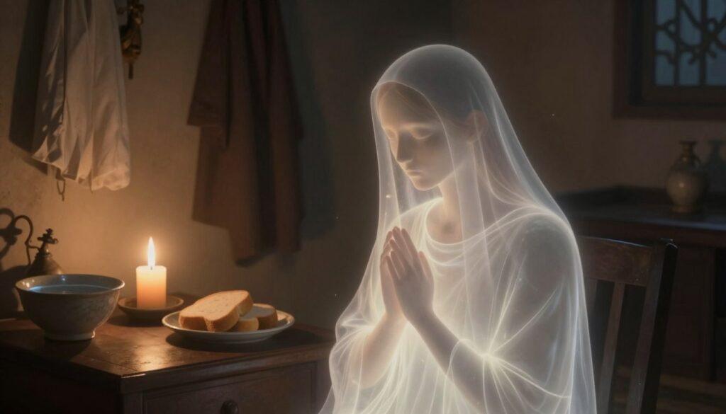 A solemn and ethereal representation of a departed soul, illustrated in a dimly lit home environment. In the foreground, a translucent, glowing figure symbolizing the soul, surrounded by gentle wisps of light, evokes a sense of serenity and peace. In the middle ground, a traditional room setting with muted tones includes a softly flickering candle, a small dish of bread, and a bowl of water, symbolizing rituals for the soul's journey. The background is adorned with faint shadows of traditional mourning attire hanging on a wall, creating an atmosphere of reverence. Soft, warm lighting highlights the figure and casts a comforting glow, while maintaining a respectful tone. The angle captures the scene from a slightly elevated perspective, emphasizing the spiritual significance of the moment. A solemn and ethereal representation of a departed soul, illustrated in a dimly lit home environment. In the foreground, a translucent, glowing figure symbolizing the soul, surrounded by gentle wisps of light, evokes a sense of serenity and peace. In the middle ground, a traditional room setting with muted tones includes a softly flickering candle, a small dish of bread, and a bowl of water, symbolizing rituals for the soul's journey. The background is adorned with faint shadows of traditional mourning attire hanging on a wall, creating an atmosphere of reverence. Soft, warm lighting highlights the figure and casts a comforting glow, while maintaining a respectful tone. The angle captures the scene from a slightly elevated perspective, emphasizing the spiritual significance of the moment.