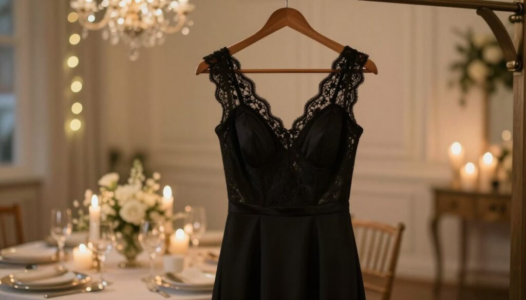 A stylish black dress hanging on a vintage wooden hanger against a softly lit, elegant backdrop. In the foreground, delicate lace details of the dress are highlighted, showcasing its sophisticated neckline and flowing fabric. In the middle, a beautifully arranged table setting with soft flickering candles and floral arrangements, creating an intimate atmosphere. The background features a blurred, dreamy wedding scene with softly glowing fairy lights, hinting at a joyful celebration but evoking the notion of superstitions surrounding wearing black at weddings. Use warm, ambient lighting to enhance the romantic feel, and capture the scene from a slightly elevated angle, focusing on the dress and its surroundings. This image conveys elegance while subtly hinting at the cultural beliefs about black attire at weddings, creating a thought-provoking yet sophisticated mood. A stylish black dress hanging on a vintage wooden hanger against a softly lit, elegant backdrop. In the foreground, delicate lace details of the dress are highlighted, showcasing its sophisticated neckline and flowing fabric. In the middle, a beautifully arranged table setting with soft flickering candles and floral arrangements, creating an intimate atmosphere. The background features a blurred, dreamy wedding scene with softly glowing fairy lights, hinting at a joyful celebration but evoking the notion of superstitions surrounding wearing black at weddings. Use warm, ambient lighting to enhance the romantic feel, and capture the scene from a slightly elevated angle, focusing on the dress and its surroundings. This image conveys elegance while subtly hinting at the cultural beliefs about black attire at weddings, creating a thought-provoking yet sophisticated mood.