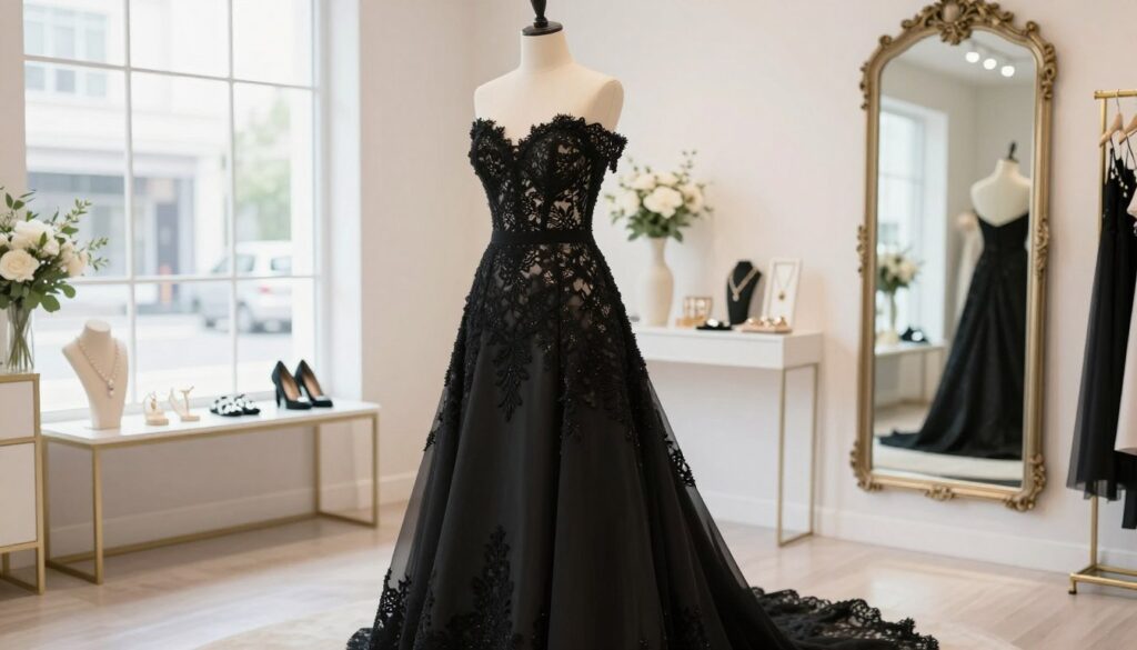 A stylish black wedding dress elegantly draped on a mannequin, set in a bright, modern boutique. The dress features intricate lace details and an off-the-shoulder design that exudes sophistication. In the background, soft, diffused daylight filters through large windows, illuminating the boutique's chic décor, including vintage mirrors and minimalist displays of accessories. On a mirror, subtle reflections of nearby floral arrangements hint at a joyous occasion. The atmosphere is a mix of elegance and comfort, suggesting both traditional and contemporary styles. The perspective is slightly angled, capturing the full length of the dress and emphasizing its flowing silhouette. A stylish black wedding dress elegantly draped on a mannequin, set in a bright, modern boutique. The dress features intricate lace details and an off-the-shoulder design that exudes sophistication. In the background, soft, diffused daylight filters through large windows, illuminating the boutique's chic décor, including vintage mirrors and minimalist displays of accessories. On a mirror, subtle reflections of nearby floral arrangements hint at a joyous occasion. The atmosphere is a mix of elegance and comfort, suggesting both traditional and contemporary styles. The perspective is slightly angled, capturing the full length of the dress and emphasizing its flowing silhouette.