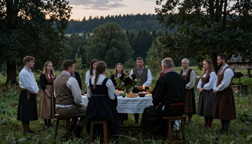 A traditional "Czarne Wesele" in a scenic setting in Kluki, featuring a gathering of Słowińców in historical attire. In the foreground, several figures dressed in modest, rustic clothing, partaking in a unique ritual with solemn expressions, creating an air of mystery. The middle ground includes a festively decorated table with dark floral arrangements and traditional foods, hinting at deep cultural significance. Surrounding the scene, the lush landscape of Kluki with dense, atmospheric forests, under twilight lighting that casts soft shadows and adds a mystical ambiance. The overall mood is contemplative and reverent, capturing the essence of the ritual without any dark or magic connotations. Soft, natural lighting enhances the authentic feel of this age-old tradition. A traditional "Czarne Wesele" in a scenic setting in Kluki, featuring a gathering of Słowińców in historical attire. In the foreground, several figures dressed in modest, rustic clothing, partaking in a unique ritual with solemn expressions, creating an air of mystery. The middle ground includes a festively decorated table with dark floral arrangements and traditional foods, hinting at deep cultural significance. Surrounding the scene, the lush landscape of Kluki with dense, atmospheric forests, under twilight lighting that casts soft shadows and adds a mystical ambiance. The overall mood is contemplative and reverent, capturing the essence of the ritual without any dark or magic connotations. Soft, natural lighting enhances the authentic feel of this age-old tradition.