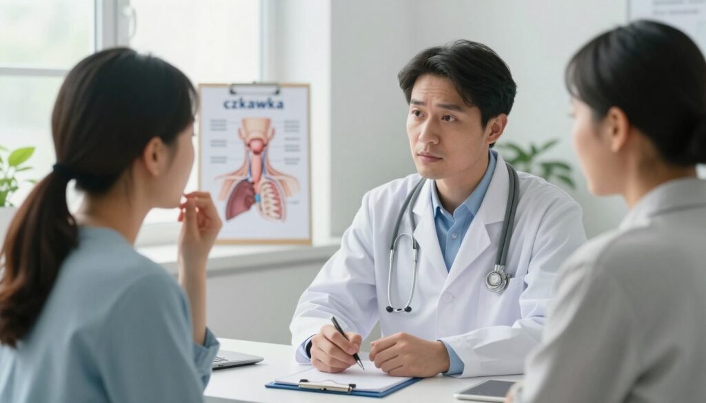 A tranquil clinic examination room, showcasing a physician examining a patient while discussing the phenomenon of hiccups, or "czkawka." In the foreground, a doctor in professional attire, engaged in a detailed conversation with a patient, both displaying expressions of curiosity and understanding. In the middle ground, medical charts and diagrams illustrating the anatomy of the throat and diaphragm are visible, subtly hinting at scientific explanations for hiccups. In the background, a bright window allowing soft morning light to filter in, creating a calm and informative atmosphere. The color palette should be soothing, with shades of white, light blue, and green. The composition captures a moment of enlightenment, emphasizing the medical perspective on hiccups without any supernatural implications.