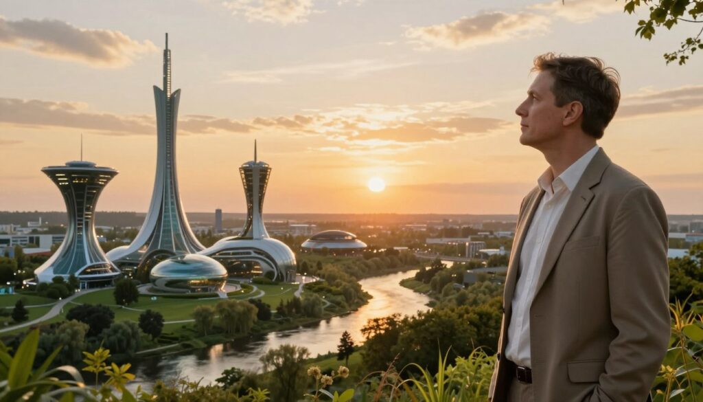 A visionary landscape illustrating a vibrant, futuristic Poland, inspired by the prophecies of Ojciec Klimuszko. In the foreground, a serene figure dressed in modest, professional attire gazes thoughtfully towards the horizon. The middle ground features innovative architectural structures blending seamlessly with nature, symbolizing harmony between technology and the environment. Lush greenery and flowing rivers add a touch of tranquility. In the background, a radiant sunset casts warm golden hues across the sky, creating an ethereal atmosphere. The scene is bathed in soft, ambient lighting, evoking a sense of hope and foresight. This image captures the essence of prophecy, invoking themes of renewal and sustainable progress for the future of Poland.
