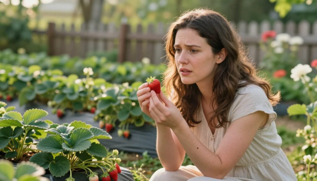 A vivid depiction of a woman sitting in a serene garden in the foreground, gently holding a plump, ripe strawberry. Her expression combines curiosity and mild concern, with a small, visible birthmark on her arm, symbolizing traditional beliefs. The middle ground features lush green plants with more strawberries nestled among the leaves, emphasizing fertility and nature's abundance. In the background, a soft-focus view of a quaint wooden fence and blooming flowers hint at a peaceful childhood memory, creating a calm atmosphere. The scene is illuminated by warm, golden sunlight, enhancing the inviting mood. Use a shallow depth of field to draw focus on the woman and the strawberry, suggesting a connection to old superstitions and stories associated with pregnancy.