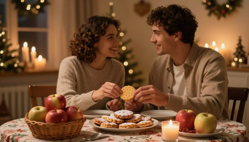 A warm and inviting scene depicting a cozy Christmas Eve setting focused on the themes of love and relationships. In the foreground, a beautifully set traditional table with a festive tablecloth, a plate of shared opłatek (Christmas wafer), and a basket of shiny apples, symbolizing wishes and heartfelt connections. The middle ground features two people dressed in modest, casual holiday attire, smiling at each other while breaking the opłatek, sharing a tender moment. The background showcases a dimly lit room with glowing candles and festive decorations, creating an intimate and magical atmosphere. Soft, golden lighting enhances the warmth of the scene, evoking feelings of love and togetherness during the holiday season, all captured with a gentle, slightly blurred focus for an emotional touch.