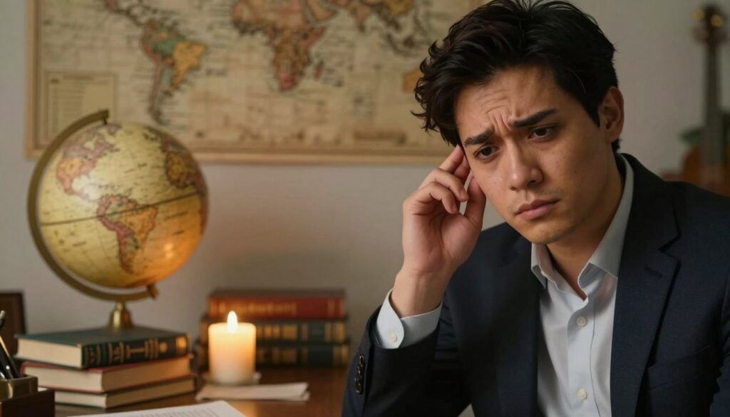 A well-dressed person sitting at a stylish desk, looking slightly concerned while gently touching their right ear, symbolizing the sensation of a burning ear. The foreground features a close-up of their expressive face with a thoughtful gaze, dressed in a tailored shirt and blazer. In the middle, the desk is adorned with a globe, books on folklore, and a flickering candle to create a warm atmosphere. The background features a softly blurred room with a vintage map on the wall, suggesting a connection to cultural beliefs. The lighting is warm and inviting, with a soft glow from the candle illuminating the subject's features. The mood is reflective and thoughtful, emphasizing the mystique of traditional interpretations tied to ear sensations.