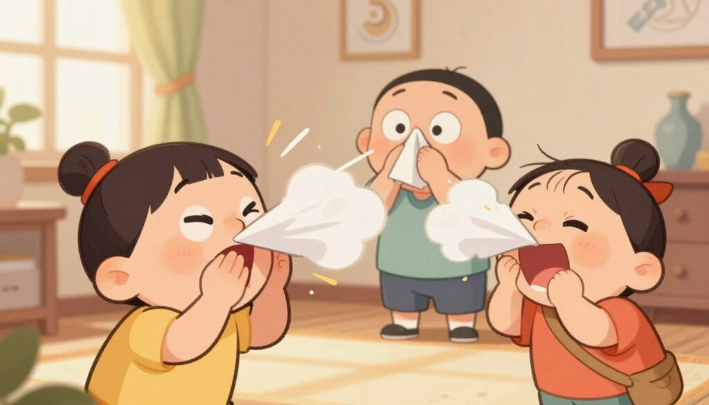 A whimsical illustration featuring two or three playful cartoon-like characters elegantly sneezing. In the foreground, one character is caught mid-sneeze, with exaggerated expression and vibrant motion lines to convey the action. In the middle ground, a second character watches with curiosity, while a third character giggles nearby, adding a light-hearted atmosphere. The background is a tranquil, softly lit room with warm colors, suggesting a cozy environment, with decorative elements that reflect old beliefs about sneezing, like motifs or symbols subtly integrated. Natural light streams in, creating a cheerful ambiance, while the overall mood is both humorous and intriguing, inviting viewers to explore the significance of sneezes. A whimsical illustration featuring two or three playful cartoon-like characters elegantly sneezing. In the foreground, one character is caught mid-sneeze, with exaggerated expression and vibrant motion lines to convey the action. In the middle ground, a second character watches with curiosity, while a third character giggles nearby, adding a light-hearted atmosphere. The background is a tranquil, softly lit room with warm colors, suggesting a cozy environment, with decorative elements that reflect old beliefs about sneezing, like motifs or symbols subtly integrated. Natural light streams in, creating a cheerful ambiance, while the overall mood is both humorous and intriguing, inviting viewers to explore the significance of sneezes.