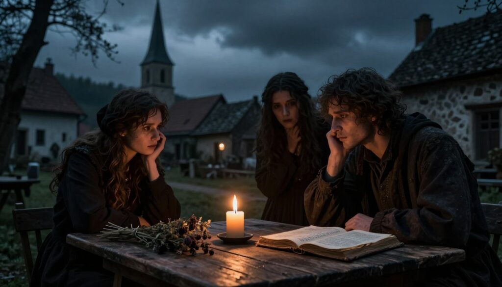 Dark, moody scene set in an old European village, depicting a foreboding Saturday atmosphere. In the foreground, a rustic wooden table with a lit candle, surrounded by dried herbs and an open book of ancient superstitions. The middle ground features shadowy figures in modest attire, sharing hushed, worried whispers, as if discussing the fears of death associated with Saturdays. In the background, an ominous, overcast sky looms over an old church steeple, emphasizing a sense of dread and tradition. The dimly lit scene uses chiaroscuro lighting for dramatic contrast, creating an eerie, suspenseful mood. The composition captures a blend of folklore and superstition, evoking feelings of anxiety and contemplation around death on Saturdays. Dark, moody scene set in an old European village, depicting a foreboding Saturday atmosphere. In the foreground, a rustic wooden table with a lit candle, surrounded by dried herbs and an open book of ancient superstitions. The middle ground features shadowy figures in modest attire, sharing hushed, worried whispers, as if discussing the fears of death associated with Saturdays. In the background, an ominous, overcast sky looms over an old church steeple, emphasizing a sense of dread and tradition. The dimly lit scene uses chiaroscuro lighting for dramatic contrast, creating an eerie, suspenseful mood. The composition captures a blend of folklore and superstition, evoking feelings of anxiety and contemplation around death on Saturdays.