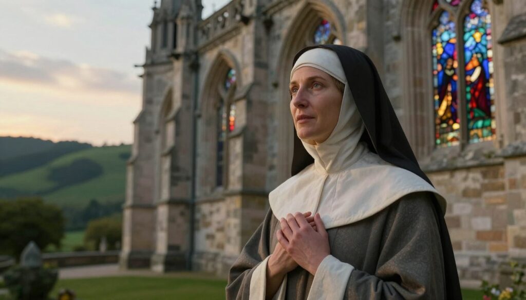 Hildegarda of Bingen, depicted as a 12th-century nun and visionary, stands in the foreground, dressed in a modest, flowing habit, symbolizing her deep spirituality. Her expressive face reflects wisdom and insight, with gentle, uplifting facial features. In the middle ground, place an intricately designed medieval monastery, adorned with stained glass windows that cast colorful light across the scene. The background features lush green hills and a serene sky, suggesting a peaceful and contemplative atmosphere. The lighting is soft and ethereal, reminiscent of dawn, with a slight golden hue to evoke a sense of reverence. Capture the mood of divine inspiration and tranquility, conveying her as a respected figure of knowledge and prophecy, engaged in prayer or reflection.