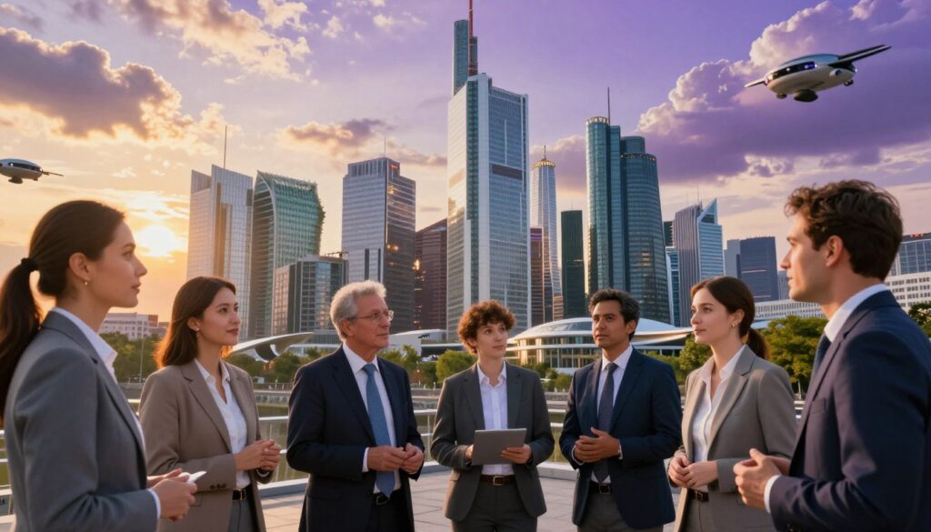 In a vibrant, futuristic European cityscape set in the year 2025, the foreground features a diverse group of professionals in business attire, engaged in animated discussions about geopolitics and conflict resolution. The middle ground showcases a blend of modern skyscrapers and eco-friendly architecture, symbolizing innovation and sustainability. In the background, a dramatic sunset casts warm golden and purple hues over the skyline, providing an optimistic atmosphere. Clouds are scattered, with hints of advanced flying vehicles in the sky, subtly hinting at technological advancements. The overall mood is one of hope and anticipation, with dynamic lighting highlighting the faces of the people and creating a sense of urgency and possibility as they navigate the challenges of the future.