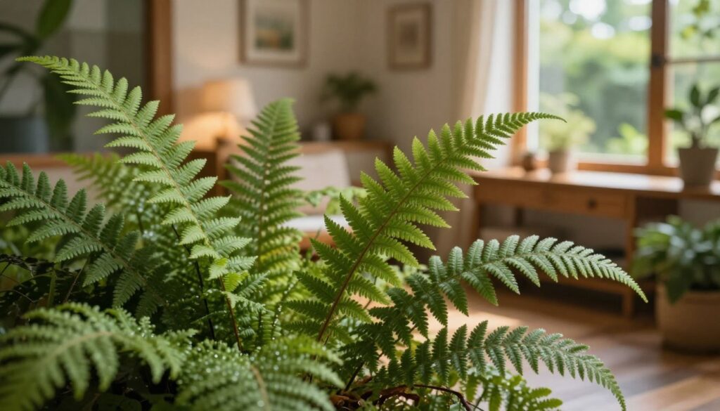 Lush fern leaves in varying shades of green, showcasing intricate patterns and textures, dominate the foreground. The ferns are arranged artfully, some with dew drops glistening in the soft morning light. In the middle ground, a cozy, warmly lit room is visible, featuring wooden furniture and subtle, earthy decor that complements the natural theme. Light filters through a nearby window, casting gentle shadows and creating a tranquil atmosphere. The background reveals a hint of an inviting garden, with blurred greenery that enhances the indoor-outdoor connection. The overall mood is serene and harmonious, emphasizing the symbolism of ferns in enhancing a nurturing interior space. Aim for a close-up angle to capture the details of the leaves, with soft focus on the surroundings for an inviting effect.