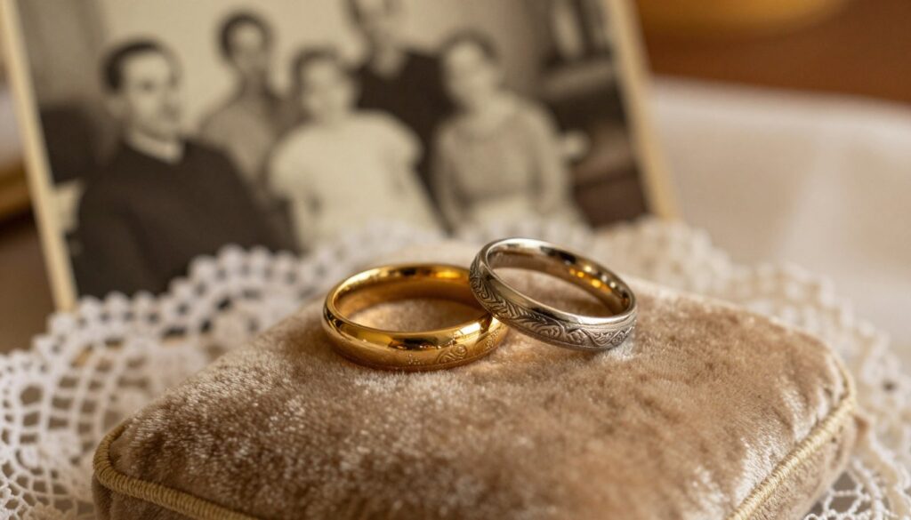Two elegantly designed heirloom wedding rings, one gold and one silver, resting atop an old velvet cushion. The foreground features the rings, reflecting soft, golden light that highlights their intricate engravings. In the middle ground, a delicate lace handkerchief subtly supports the rings, its texture contrasting with the smooth metals. In the background, a blurred, antiquated family photo is partially visible, evoking nostalgia and tradition. Warm, ambient lighting envelops the scene, creating an atmosphere of warmth and cherished memories. The angle is slightly above eye level, allowing a glimpse of the rings' details while emphasizing their significance in family heritage. The overall mood is reflective, conveying the depth of meaning and connection these rings represent.