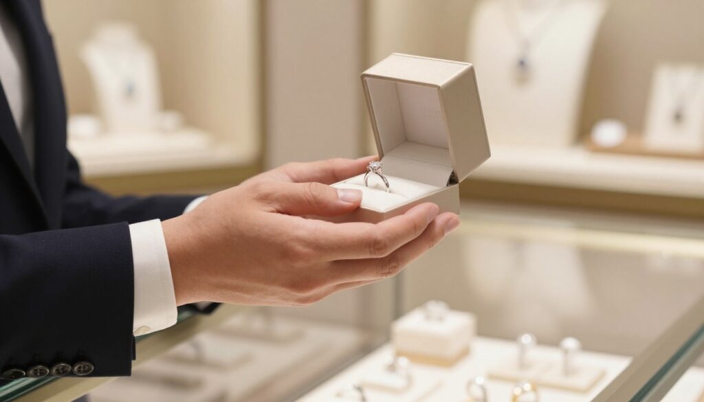 A beautifully arranged scene depicting an engagement ring purchase in a charming jewelry store. In the foreground, a close-up view of a stunning diamond engagement ring, glistening under soft, warm lighting, with intricate details on the band. In the middle, a hand of a well-dressed, professional individual, gently holding the ring box open, showcasing the ring inside. The background features elegant displays of other jewelry pieces in soft focus, with a warm and inviting atmosphere. The overall mood conveys excitement and romance, capturing the significance of the moment of purchasing the engagement ring. The lighting is soft and warm, enhancing the luxurious feel, while the composition emphasizes the emotional weight of the engagement ring and its symbolism in love and tradition. A beautifully arranged scene depicting an engagement ring purchase in a charming jewelry store. In the foreground, a close-up view of a stunning diamond engagement ring, glistening under soft, warm lighting, with intricate details on the band. In the middle, a hand of a well-dressed, professional individual, gently holding the ring box open, showcasing the ring inside. The background features elegant displays of other jewelry pieces in soft focus, with a warm and inviting atmosphere. The overall mood conveys excitement and romance, capturing the significance of the moment of purchasing the engagement ring. The lighting is soft and warm, enhancing the luxurious feel, while the composition emphasizes the emotional weight of the engagement ring and its symbolism in love and tradition.