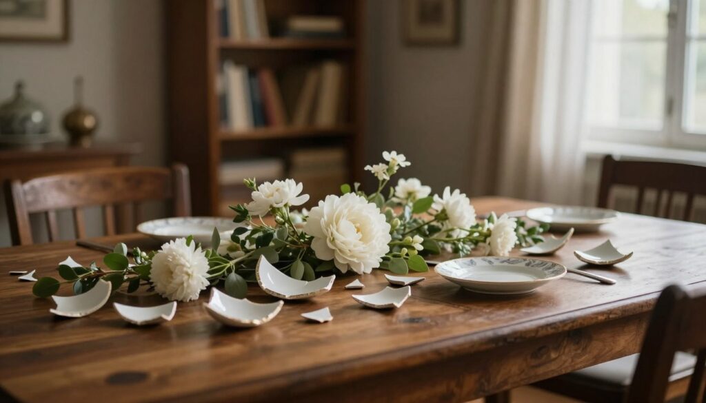 A beautifully set dining table in a cozy, warmly-lit living room, featuring an elegant arrangement of broken porcelain pieces scattered artfully among fresh white flowers and soft green foliage. The foreground showcases delicate shards of fine china, glistening softly in the ambient light. In the middle, a vintage wooden table contrasts warmly with the delicate porcelain and natural elements. In the background, a softly blurred bookshelf and window with sheer curtains create a sense of intimacy and comfort. The lighting is soft and inviting, casting gentle shadows that enhance the serene atmosphere. The mood is reflective and peaceful, inviting contemplation about the meanings and interpretations of broken porcelain. Use a warm color palette to evoke a feeling of nostalgia and richness. A beautifully set dining table in a cozy, warmly-lit living room, featuring an elegant arrangement of broken porcelain pieces scattered artfully among fresh white flowers and soft green foliage. The foreground showcases delicate shards of fine china, glistening softly in the ambient light. In the middle, a vintage wooden table contrasts warmly with the delicate porcelain and natural elements. In the background, a softly blurred bookshelf and window with sheer curtains create a sense of intimacy and comfort. The lighting is soft and inviting, casting gentle shadows that enhance the serene atmosphere. The mood is reflective and peaceful, inviting contemplation about the meanings and interpretations of broken porcelain. Use a warm color palette to evoke a feeling of nostalgia and richness.