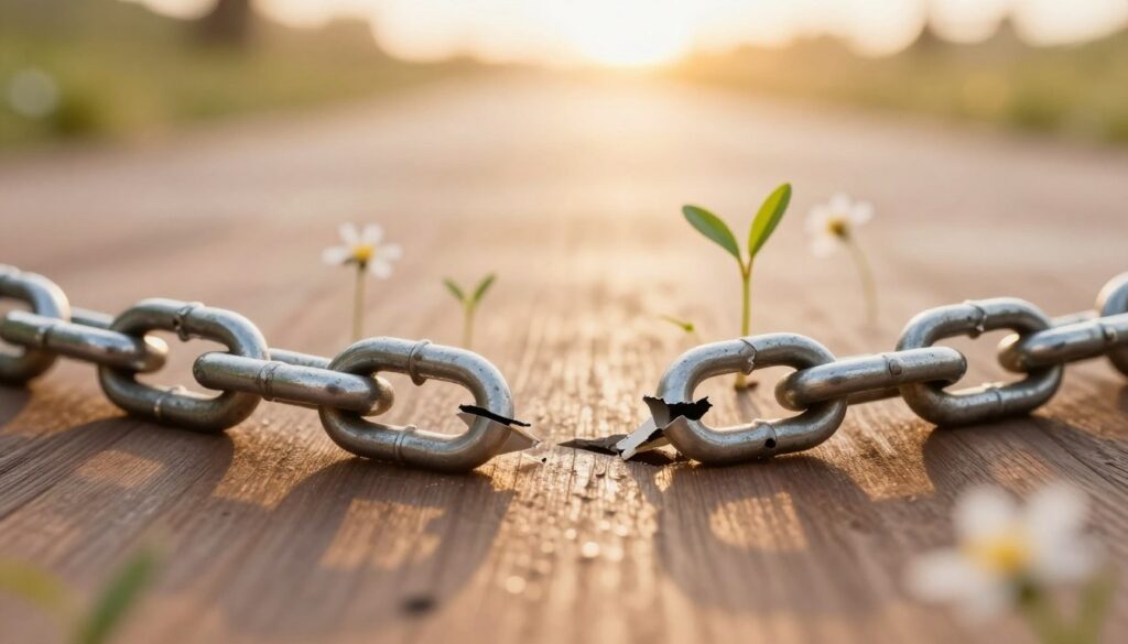 A close-up of a broken metal chain lying on a smooth, polished wooden surface, symbolizing a fragmented connection. In the foreground, the chain’s links are clearly visible, with a focus on the jagged edges where the break occurred. Surrounding the chain are soft, ethereal light flares, creating a dreamy atmosphere. In the middle ground, hinting at new beginnings, delicate green sprouts and small blooming flowers emerge around the chain, representing hope and transformation. In the background, a blurred golden horizon suggests a new path or journey. The lighting is warm and inviting, capturing a sense of potential and positivity. The overall mood conveys a message of resilience and new opportunities arising from challenges.