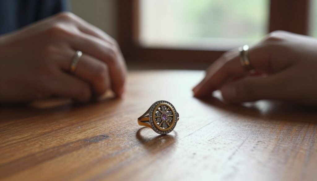 A close-up view of a beautifully crafted ring placed delicately on a polished wooden table. The ring features intricate designs, blending gold and silver with small embedded gemstones, sparkling in the soft, natural light. In the background, blurred silhouettes of hands wearing rings on both the left and right hands symbolize cultural differences in ring-wearing customs, hinting at the concept of the "vena amoris." The atmosphere is warm and inviting, suggesting intimacy and connection. Gentle sunlight filters through a nearby window, casting soft shadows and highlighting the ring's details. The composition should evoke a sense of tradition and the significance of jewelry in love and everyday life. A close-up view of a beautifully crafted ring placed delicately on a polished wooden table. The ring features intricate designs, blending gold and silver with small embedded gemstones, sparkling in the soft, natural light. In the background, blurred silhouettes of hands wearing rings on both the left and right hands symbolize cultural differences in ring-wearing customs, hinting at the concept of the "vena amoris." The atmosphere is warm and inviting, suggesting intimacy and connection. Gentle sunlight filters through a nearby window, casting soft shadows and highlighting the ring's details. The composition should evoke a sense of tradition and the significance of jewelry in love and everyday life.