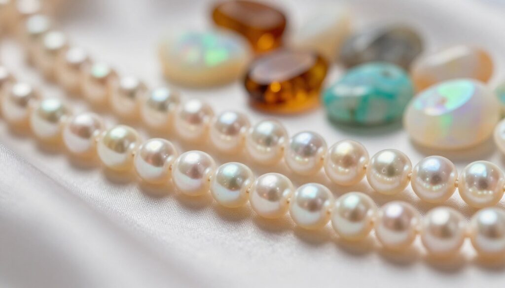 A close-up view of luminous pearls elegantly arranged on a soft, satin-like fabric, capturing their iridescent shine and smooth surface. In the foreground, highlight the intricate details of the pearls, showcasing their varying sizes and shades, from classic white to delicate blush. The middle background features an assortment of gem stones like opal, amber, and turquoise, artfully blurred to keep the focus on the pearls while hinting at their symbolic significance. The lighting is soft and diffused, creating a warm, inviting atmosphere with gentle reflections enhancing the elegance of the scene. The angle is slightly elevated to emphasize the textures, while ensuring a serene and sophisticated mood that aligns with the themes of beauty and mystique associated with these gemstones.