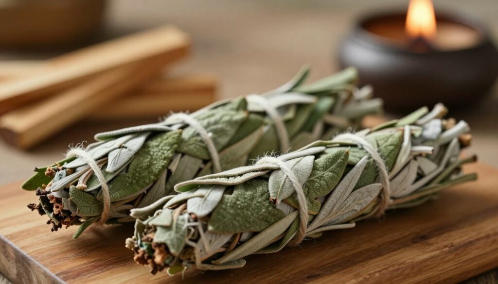 A close-up view of white sage (biała szałwia) bundles tied with twine, set against a softly blurred background of a wooden table and a gentle flame from an incense burner. The bundles should appear fresh, showcasing their velvety green leaves and delicate white tips. In the background, subtle hints of palo santo wood pieces, adding warmth to the image. Soft, ambient lighting creates a serene atmosphere, highlighting the texture of the sage and the calming essence of the ritual. The overall mood is tranquil and spiritually uplifting, inviting the viewer to reflect on the cleansing and purifying qualities of these sacred herbs. The shot is captured from a slightly elevated angle to emphasize the sage while still maintaining an intimate feel.