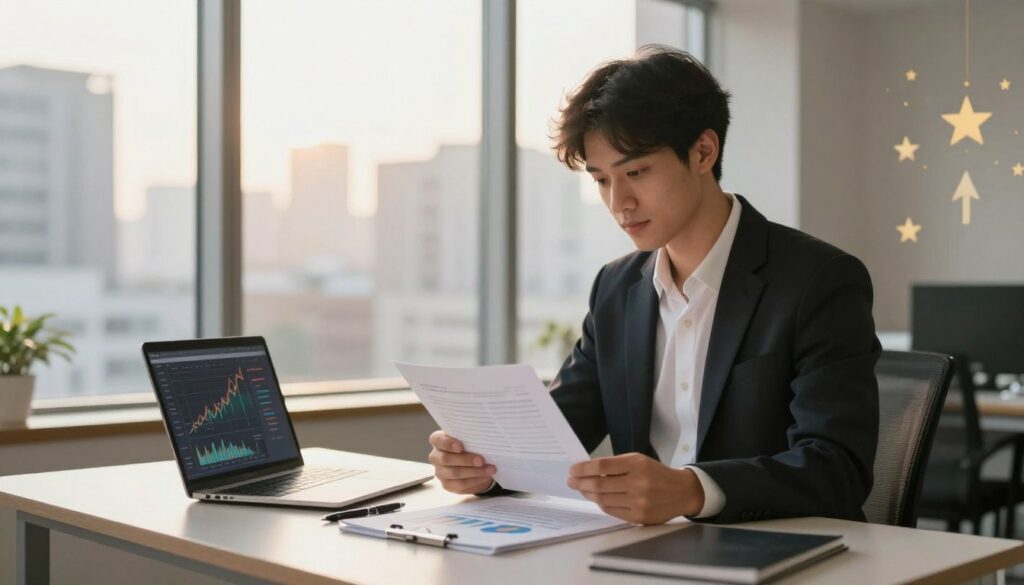 A confident Sagittarius, a young adult in professional attire, stands at a modern workstation, reviewing financial documents and charts. The foreground features a sleek desk cluttered with planners, pens, and a laptop displaying a financial graph. In the middle ground, a large window reveals a bustling cityscape bathed in warm afternoon light, symbolizing opportunity and growth. The atmosphere is focused and energetic, capturing the essence of decision-making and optimism. Soft, diffused lighting enhances the scene, with warm tones creating a motivating ambiance. In the background, abstract representations of arrows and stars subtly hint at astrological influence, without overpowering the main subject. The overall mood conveys a blend of ambition, clarity, and astrological guidance, perfect for illustrating the section.