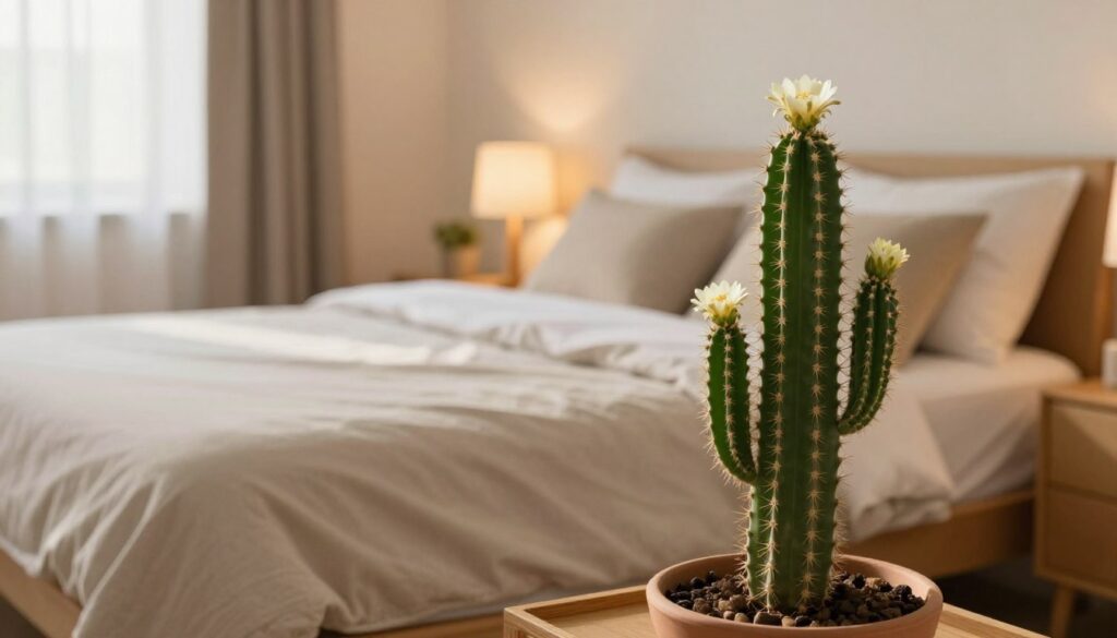 A cozy bedroom setting featuring a prominently placed cactus on a nightstand, symbolizing energy and comfort. The foreground showcases the cactus with vibrant green spines and small blooming flowers, drawing attention to its unique texture. In the middle ground, there is a softly made bed with neutral-toned linens and plush pillows, exuding a calming atmosphere. The background reveals warm, inviting walls and a softly glowing bedside lamp. The scene is illuminated by gentle, diffused sunlight filtering through sheer curtains, creating a serene ambiance. Capture the mood of tranquility and peaceful sleep, highlighting the intertwining of nature and comfort in a personal space. Use a wide-angle lens to convey the spaciousness of the room while emphasizing the harmony between the cactus and the overall decor. A cozy bedroom setting featuring a prominently placed cactus on a nightstand, symbolizing energy and comfort. The foreground showcases the cactus with vibrant green spines and small blooming flowers, drawing attention to its unique texture. In the middle ground, there is a softly made bed with neutral-toned linens and plush pillows, exuding a calming atmosphere. The background reveals warm, inviting walls and a softly glowing bedside lamp. The scene is illuminated by gentle, diffused sunlight filtering through sheer curtains, creating a serene ambiance. Capture the mood of tranquility and peaceful sleep, highlighting the intertwining of nature and comfort in a personal space. Use a wide-angle lens to convey the spaciousness of the room while emphasizing the harmony between the cactus and the overall decor.