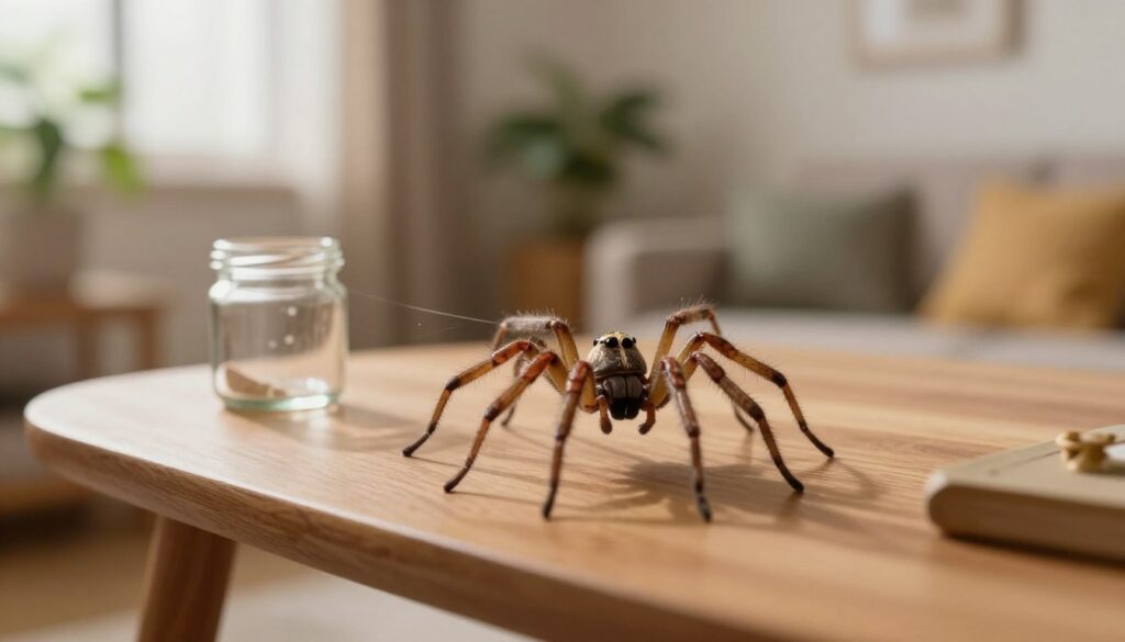 A delicate, realistic spider poised on a soft, natural background of a cozy home interior. In the foreground, the spider is in sharp focus, showcasing its intricate legs and shimmering silk. The middle ground features a gently illuminated wooden table with a small glass jar nearby, suggesting a humane way to capture the spider. In the background, a warm and inviting living space is softly lit, with plants and warm-toned decor. The atmosphere is calm and peaceful, evoking a sense of wonder about the spider rather than fear. The light source is soft and diffused, creating natural shadows that enhance the subject’s details, capturing the coexistence of nature and home. A delicate, realistic spider poised on a soft, natural background of a cozy home interior. In the foreground, the spider is in sharp focus, showcasing its intricate legs and shimmering silk. The middle ground features a gently illuminated wooden table with a small glass jar nearby, suggesting a humane way to capture the spider. In the background, a warm and inviting living space is softly lit, with plants and warm-toned decor. The atmosphere is calm and peaceful, evoking a sense of wonder about the spider rather than fear. The light source is soft and diffused, creating natural shadows that enhance the subject’s details, capturing the coexistence of nature and home.