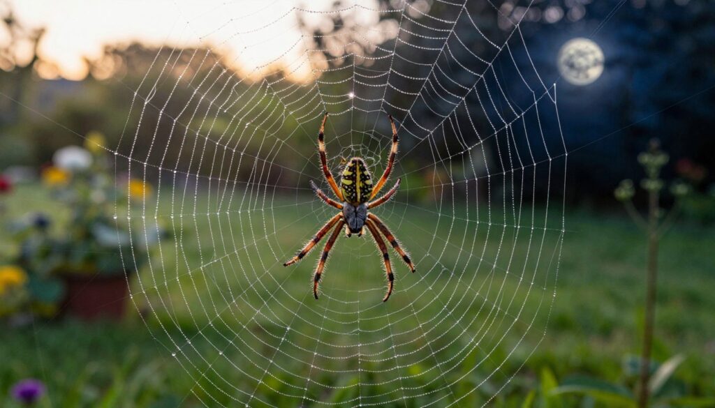 A detailed depiction of a spider reflecting the significance of daytime and nighttime, contrasting the two environments. In the foreground, a large, intricate spider web glistens with morning dew, showcasing its delicate structure and vibrant colors. In the middle, a realistic spider, with unique markings, sits at the center of the web, illuminated by soft, warm sunlight, creating an inviting and serene atmosphere. In contrast, on one side, the web transitions into a shadowy part of the image, symbolizing nighttime, with the web slightly darker and a subtle moonlight glow highlighting it. The background features a blurred landscape of a tranquil garden, blending lush greenery with hints of dusk or dawn. The mood should feel ethereal, inviting exploration, with a focus on the natural cycle of day and night. A detailed depiction of a spider reflecting the significance of daytime and nighttime, contrasting the two environments. In the foreground, a large, intricate spider web glistens with morning dew, showcasing its delicate structure and vibrant colors. In the middle, a realistic spider, with unique markings, sits at the center of the web, illuminated by soft, warm sunlight, creating an inviting and serene atmosphere. In contrast, on one side, the web transitions into a shadowy part of the image, symbolizing nighttime, with the web slightly darker and a subtle moonlight glow highlighting it. The background features a blurred landscape of a tranquil garden, blending lush greenery with hints of dusk or dawn. The mood should feel ethereal, inviting exploration, with a focus on the natural cycle of day and night.