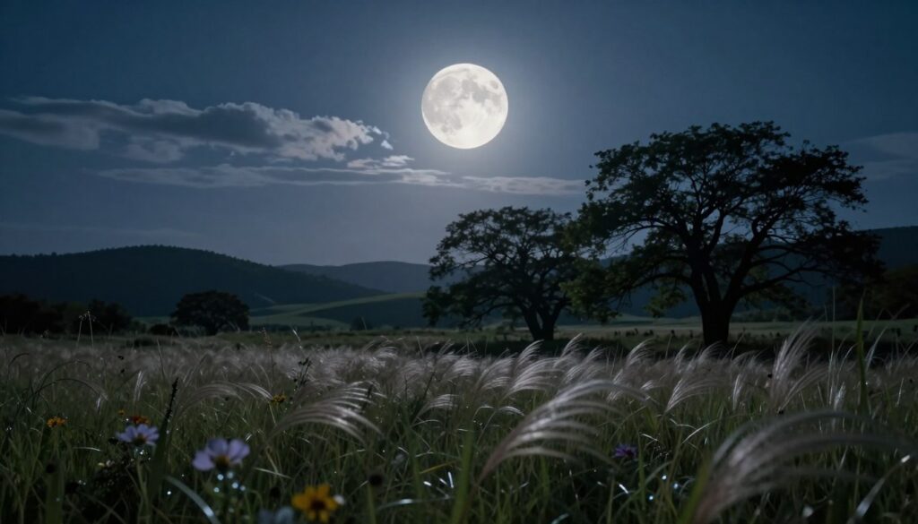 A luminous full moon shines brightly in a clear night sky, casting a silvery glow over a tranquil landscape. In the foreground, a serene meadow filled with soft, swaying grasses glimmers under the moonlight. A few delicate wildflowers add subtle color, their petals reflecting the soft light. The middle ground features a silhouette of ancient trees, their branches gently swaying in the cool night breeze, framed against the moon. In the background, rolling hills fade into the distance, progressively darkening as they reach the horizon. Wispy clouds drift lazily across the sky, allowing occasional glimpses of the moon's texture and craters. The atmosphere is peaceful and mystical, evoking a sense of wonder and connection to ancient beliefs about the moon's significance. Soft, diffused lighting enhances the ethereal quality of the scene.