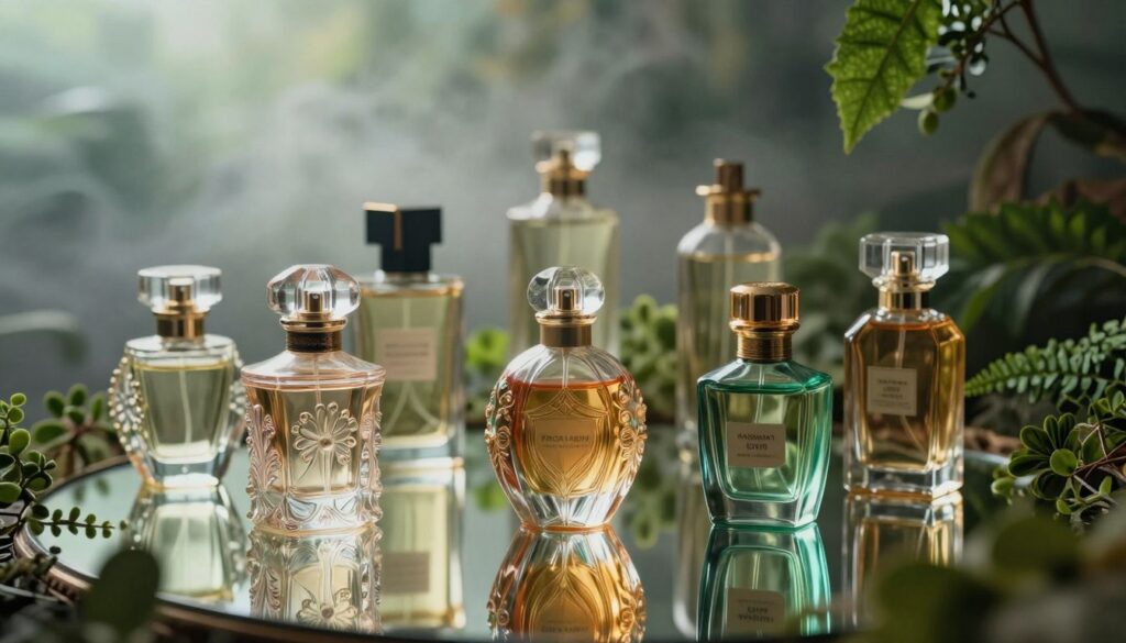 A mysterious and elegant still life composition showcasing an array of luxurious perfume bottles. In the foreground, intricate glass flacons with delicate designs and vibrant colors sit atop a mirrored surface, reflecting the intricate details of their craftsmanship. A soft, diffused light bathes the scene, creating gentle shadows that enhance the allure of the bottles. In the middle ground, lush, green foliage surrounds the perfumes, suggesting a connection to nature and highlighting the origins of fragrance. The background fades softly into a hazy, dreamlike ambiance with ethereal, swirling mist, evoking a sense of intrigue and mystique. The overall mood is enchanting and slightly whimsical, inviting viewers to ponder the myths and superstitions surrounding scents. A mysterious and elegant still life composition showcasing an array of luxurious perfume bottles. In the foreground, intricate glass flacons with delicate designs and vibrant colors sit atop a mirrored surface, reflecting the intricate details of their craftsmanship. A soft, diffused light bathes the scene, creating gentle shadows that enhance the allure of the bottles. In the middle ground, lush, green foliage surrounds the perfumes, suggesting a connection to nature and highlighting the origins of fragrance. The background fades softly into a hazy, dreamlike ambiance with ethereal, swirling mist, evoking a sense of intrigue and mystique. The overall mood is enchanting and slightly whimsical, inviting viewers to ponder the myths and superstitions surrounding scents.