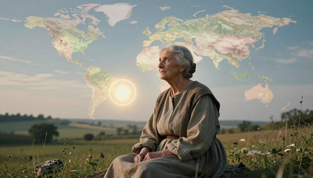 A mystical depiction of Teresa Neumann, a renowned mystic and visionary, sitting in a serene rural setting, embodying deep contemplation about the future of the world and nations. In the foreground, Teresa is portrayed as an elderly woman in modest, traditional attire, her expression filled with wisdom and foresight. The middle ground features symbolic elements like a glowing orb representing visions and prophecies, surrounded by soft, ethereal light. The background illustrates a diverse landscape merging various nations with an ethereal sky, symbolizing global connections. The overall mood is reflective and contemplative, enhanced by gentle, diffused lighting that casts a warm glow, conveying a sense of hope and serenity. The scene captures the essence of prophetic insights without overt supernatural elements.