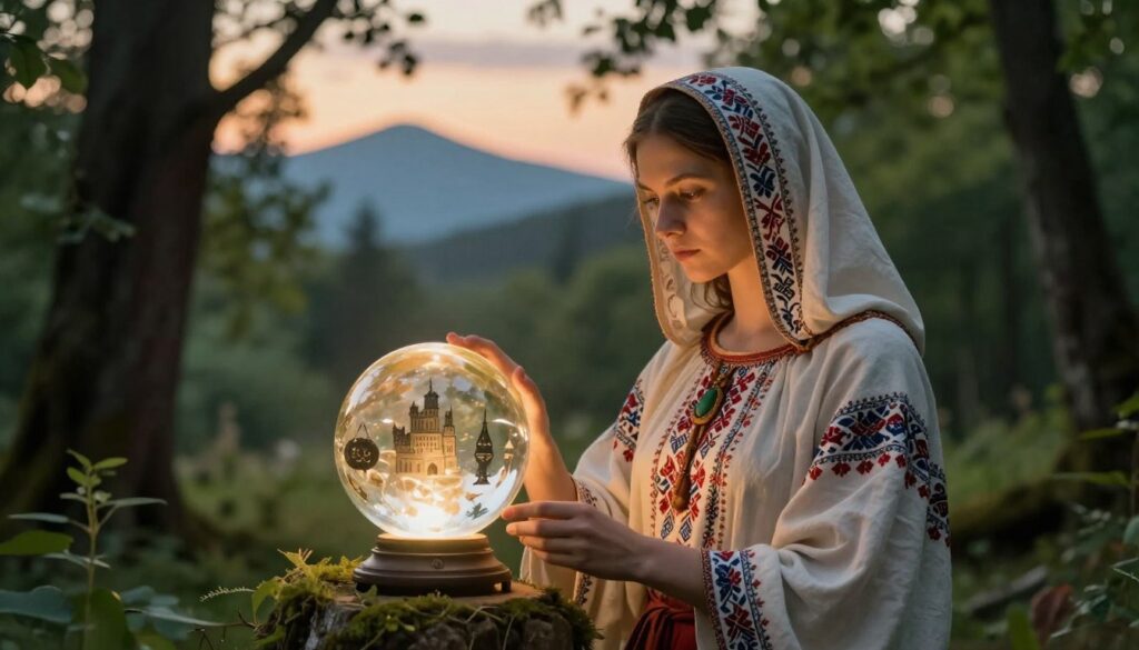 A mystical interpretation of the Sibyl as a wise figure, shrouded in flowing robes adorned with intricate Polish designs, standing in a lush, green forest that symbolizes Poland's rich natural landscape. In the foreground, she gazes thoughtfully at a glowing crystal orb that reflects historical symbols of Poland, like castles and ancient artifacts. The middle ground features soft, ethereal light filtering through the trees, creating a dreamlike atmosphere. In the background, silhouettes of distant mountains can be seen under a twilight sky, enhancing the feeling of mysticism. The overall mood is reflective and serene, capturing the essence of Polish tradition and historical memory. Use a soft focus lens with warm, golden lighting to evoke a sense of nostalgia and reverence.