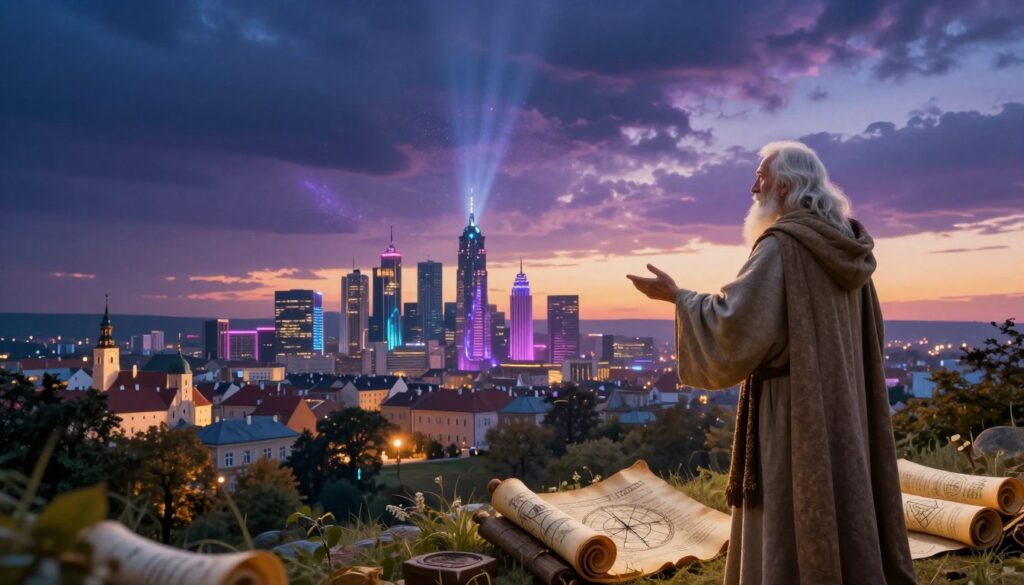 A mystical landscape representing the prophecies for Poland in 2026-2027. In the foreground, a wise, elderly figure dressed in flowing robes gestures towards ancient scrolls and astrological symbols. The middle ground features a vibrant city skyline, infused with hints of futuristic architecture blended with traditional Polish elements. The background captures a dramatic sky transitioning from twilight to dawn, symbolizing hope and transformation. Ethereal light beams break through the clouds, adding a celestial glow to the scene. The atmosphere should evoke a sense of mystery and anticipation, underscored by rich colors like deep blues, purples, and golden hues. Use a wide-angle lens to create depth, highlighting the interplay between the natural and urban environments while maintaining a serene and contemplative mood.