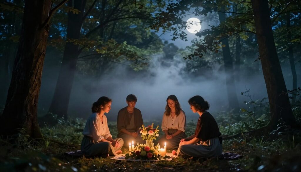 A mystical night scene depicting the ritual of "spętania miłosnego" in a serene forest clearing. In the foreground, a beautifully arranged altar adorned with flowers and candles, casting a warm glow. A group of four people, dressed in modest casual clothing, are positioned around the altar, focused on their ceremonial activities, demonstrating a sense of unity and purpose. The middle ground features softly swaying trees and ethereal wisps of fog that add a touch of enchantment. In the background, the moonlight filters through the branches, illuminating the scene with a tranquil, mystical ambiance. The overall mood is serene yet charged with deep emotion, inviting contemplation of its cultural significance. The image captures the essence of a traditional ritual in nature with thoughtful details and gentle lighting.