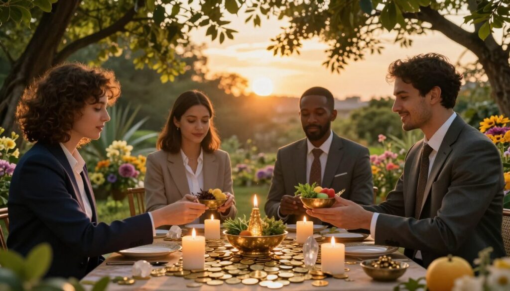 A mystical ritual scene centered around abundance and prosperity, featuring a diverse group of four individuals in professional business attire, gathered around a beautifully decorated altar adorned with gold coins, candles, and crystals. In the foreground, one person is lighting a candle, while another holds a small bowl with symbolic offerings like herbs and fruits. The middle ground showcases a lavish outdoor setting, with lush green trees and vibrant flowers, creating an inviting atmosphere. Soft, warm lighting filters through the leaves, casting enchanting shadows. In the background, a serene sunset bathes the scene in golden hues, evoking feelings of hope and fulfillment. The overall ambiance is magical and inspiring, reflecting the themes of wealth and well-being without any text or distractions. A mystical ritual scene centered around abundance and prosperity, featuring a diverse group of four individuals in professional business attire, gathered around a beautifully decorated altar adorned with gold coins, candles, and crystals. In the foreground, one person is lighting a candle, while another holds a small bowl with symbolic offerings like herbs and fruits. The middle ground showcases a lavish outdoor setting, with lush green trees and vibrant flowers, creating an inviting atmosphere. Soft, warm lighting filters through the leaves, casting enchanting shadows. In the background, a serene sunset bathes the scene in golden hues, evoking feelings of hope and fulfillment. The overall ambiance is magical and inspiring, reflecting the themes of wealth and well-being without any text or distractions.
