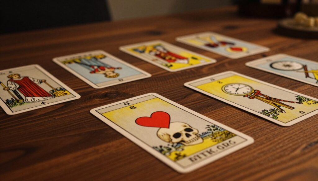 A mystical scene of tarot cards spread across a richly textured wooden table, with detailed illustrations depicting themes of health, death, and critical decisions. In the foreground, a prominent tarot card featuring a skull and a vibrant heart symbolizes the intersection of life and mortality. In the middle ground, additional tarot cards lie face-up, showcasing symbolic imagery such as a healer, a clock, and a crossroads sign. The background features a softly lit, dimly illuminated room with surreal shadows, creating an atmosphere of intrigue and contemplation. Use warm, diffused lighting to enhance the mystical quality of the scene, capturing a sense of quiet reverence. The composition should draw the viewer’s eye towards the cards, evoking curiosity about the interpretations of the tarot. A mystical scene of tarot cards spread across a richly textured wooden table, with detailed illustrations depicting themes of health, death, and critical decisions. In the foreground, a prominent tarot card featuring a skull and a vibrant heart symbolizes the intersection of life and mortality. In the middle ground, additional tarot cards lie face-up, showcasing symbolic imagery such as a healer, a clock, and a crossroads sign. The background features a softly lit, dimly illuminated room with surreal shadows, creating an atmosphere of intrigue and contemplation. Use warm, diffused lighting to enhance the mystical quality of the scene, capturing a sense of quiet reverence. The composition should draw the viewer’s eye towards the cards, evoking curiosity about the interpretations of the tarot.