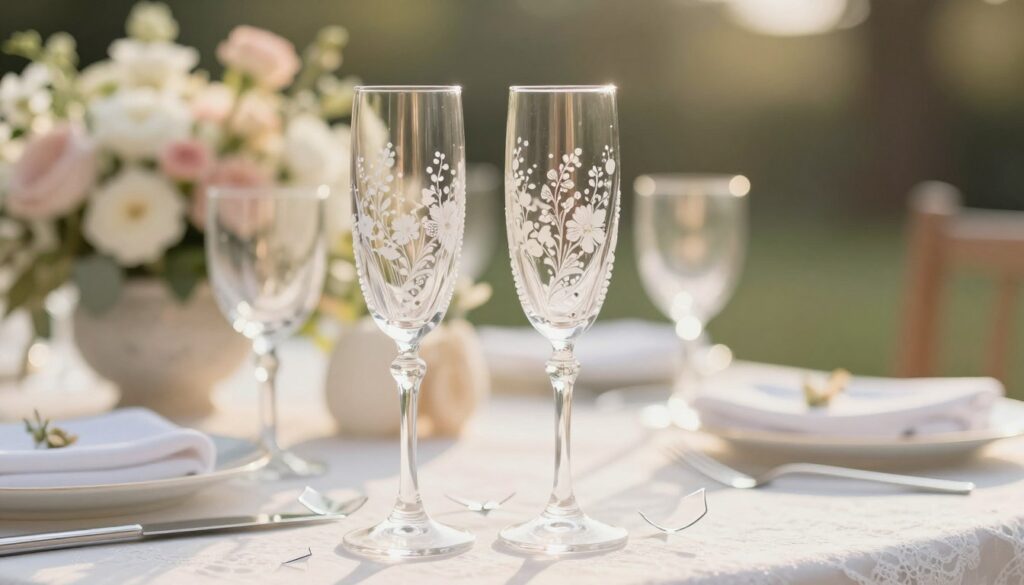 A pair of elegant wedding champagne glasses, beautifully designed with intricate patterns and adorned with delicate floral motifs, glimmering in soft, natural sunlight. The foreground features the glasses, one slightly tipped with tiny shards of glass gracefully scattered around, symbolizing the breaking of glass in celebration and love. In the middle ground, a softly blurred table setting decorated with white lace and pastel-colored flowers complements the scene, enhancing the romantic atmosphere. The background reveals a warm, inviting outdoor setting with gentle bokeh effects, creating a serene and joyful mood. The lighting is soft and ethereal, casting a gentle glow over everything, evoking feelings of love and happiness associated with wedding traditions. The angle focuses on the glasses, allowing the details to shine prominently. A pair of elegant wedding champagne glasses, beautifully designed with intricate patterns and adorned with delicate floral motifs, glimmering in soft, natural sunlight. The foreground features the glasses, one slightly tipped with tiny shards of glass gracefully scattered around, symbolizing the breaking of glass in celebration and love. In the middle ground, a softly blurred table setting decorated with white lace and pastel-colored flowers complements the scene, enhancing the romantic atmosphere. The background reveals a warm, inviting outdoor setting with gentle bokeh effects, creating a serene and joyful mood. The lighting is soft and ethereal, casting a gentle glow over everything, evoking feelings of love and happiness associated with wedding traditions. The angle focuses on the glasses, allowing the details to shine prominently.
