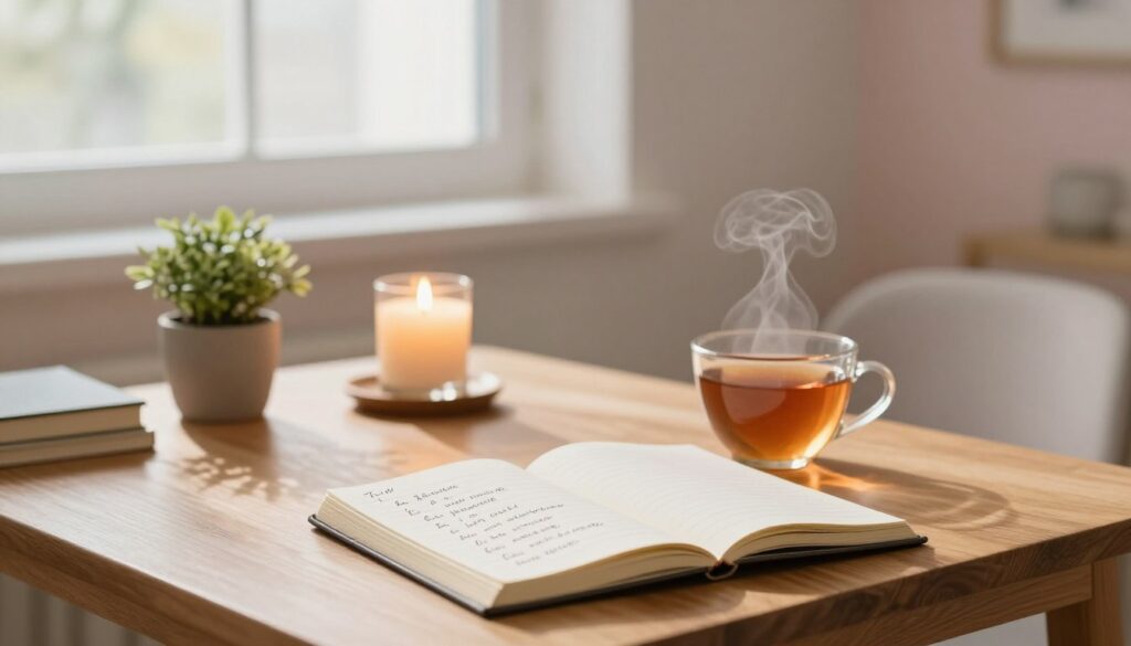A serene and calming scene depicting a peaceful workspace designed to promote stress relief through affirmations. In the foreground, a beautifully crafted wooden desk with a journal opened to a page filled with written affirmations, alongside a steaming cup of herbal tea. The middle ground features a softly glowing candle and a small potted plant, symbolizing tranquility. In the background, gentle morning light filters through a window, illuminating soft pastel-colored walls and a cozy chair, creating a warm, inviting atmosphere. The overall mood is soothing, encouraging mindfulness and reflection, with a focus on creating a moment of peace in a busy day. The lighting is soft and diffused, casting gentle shadows that enhance the serenity of the space.
