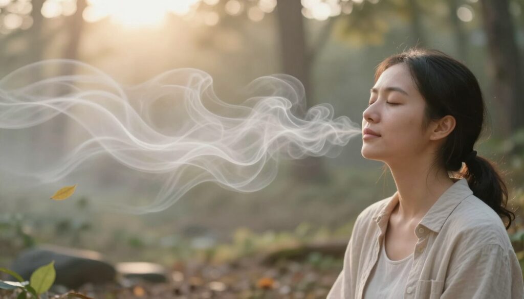 A serene and calming scene depicting "oddechem," an ethereal representation of breath and grounding. In the foreground, visualize a person practicing deep breathing, depicted in modest casual clothing, with their eyes closed and a peaceful expression. The middle ground features soft, flowing wisps of air symbolizing breath, merging seamlessly with gentle, earthy elements like leaves and stones to represent grounding. In the background, a tranquil nature setting with a soft-focus forest bathed in warm, golden light, suggesting early morning or late afternoon. Use a shallow depth of field to emphasize the figure and breathing elements, capturing a mood of tranquility and mindfulness. The overall color palette should be soothing pastels and earth tones, evoking a sense of peace and balance.