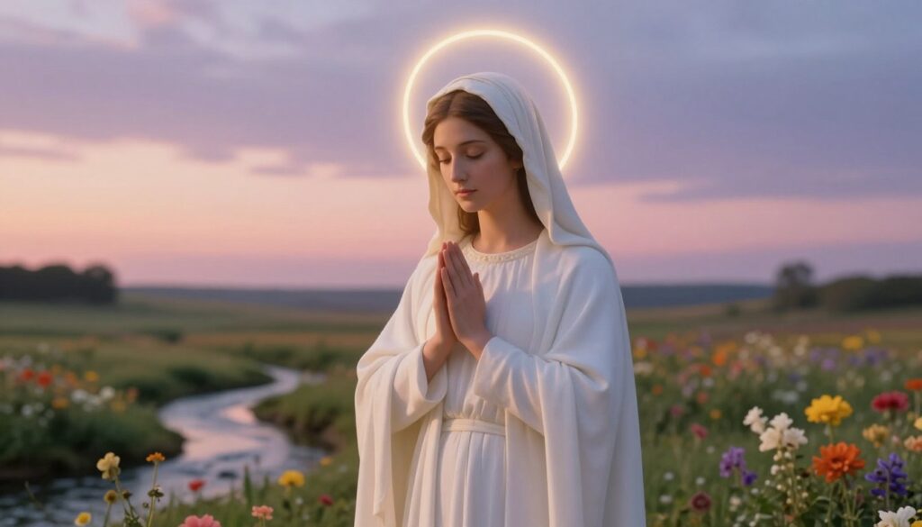 A serene and ethereal representation of the "Queen of Peace" in a tranquil setting. In the foreground, a modestly dressed figure of a woman with a gentle expression, draped in flowing white robes, symbolizes purity and devotion. Her hands are clasped in prayer beneath a softly glowing halo. The middle ground features a lush landscape with vibrant flowers, symbolizing hope and renewal, while a gentle stream flows nearby, enhancing the sense of serenity. In the background, a peaceful sky transitions from soft pastels to deeper twilight tones, suggesting a connection between heaven and earth. The lighting is warm and inviting, casting a soothing glow over the scene, creating a mood of contemplation and spiritual reflection. The camera angle is slightly elevated, emphasizing the figure's importance in this calm, heavenly atmosphere. A serene and ethereal representation of the "Queen of Peace" in a tranquil setting. In the foreground, a modestly dressed figure of a woman with a gentle expression, draped in flowing white robes, symbolizes purity and devotion. Her hands are clasped in prayer beneath a softly glowing halo. The middle ground features a lush landscape with vibrant flowers, symbolizing hope and renewal, while a gentle stream flows nearby, enhancing the sense of serenity. In the background, a peaceful sky transitions from soft pastels to deeper twilight tones, suggesting a connection between heaven and earth. The lighting is warm and inviting, casting a soothing glow over the scene, creating a mood of contemplation and spiritual reflection. The camera angle is slightly elevated, emphasizing the figure's importance in this calm, heavenly atmosphere.