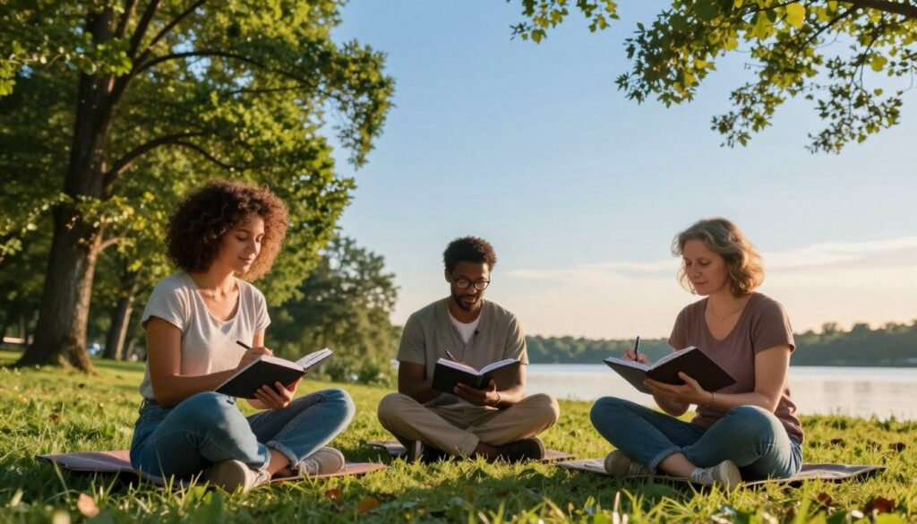 A serene and inspiring scene depicting a diverse group of three individuals, a woman with curly hair, a man with glasses, and a middle-aged woman, all engaging in a mindful outdoor setting. They are sitting cross-legged on a soft, grassy knoll beneath a clear blue sky, with gentle sunlight filtering through lush green trees. Each person is holding a journal and writing affirmations, their expressions radiating positivity and focus. In the background, a colorful sunrise emerges over a calm lake, symbolizing new beginnings. The atmosphere is peaceful and uplifting, inviting viewers to embrace the journey of self-affirmation. The composition uses natural lighting to highlight their expressions, captured from a slightly elevated angle to encompass the tranquil environment. A serene and inspiring scene depicting a diverse group of three individuals, a woman with curly hair, a man with glasses, and a middle-aged woman, all engaging in a mindful outdoor setting. They are sitting cross-legged on a soft, grassy knoll beneath a clear blue sky, with gentle sunlight filtering through lush green trees. Each person is holding a journal and writing affirmations, their expressions radiating positivity and focus. In the background, a colorful sunrise emerges over a calm lake, symbolizing new beginnings. The atmosphere is peaceful and uplifting, inviting viewers to embrace the journey of self-affirmation. The composition uses natural lighting to highlight their expressions, captured from a slightly elevated angle to encompass the tranquil environment.