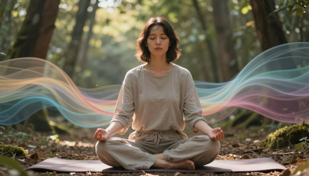 A serene and introspective scene capturing the common effects of a ritual, focusing on the interconnectedness of body, emotions, and thoughts. In the foreground, a person meditating on a soft mat, dressed in modest casual clothing, exuding calmness and centeredness. Their expression reflects tranquility and deep contemplation, with subtle hints of emotional release. In the middle ground, gentle waves of color flow around them, symbolizing emotions like joy, sadness, and clarity, creating a dynamic yet harmonious environment. In the background, a softly lit forest or natural setting with dappled sunlight filtering through the trees, enhancing the sense of peace. The mood is tranquil and introspective, inviting viewers to reflect on the transformative nature of ritual experiences.
