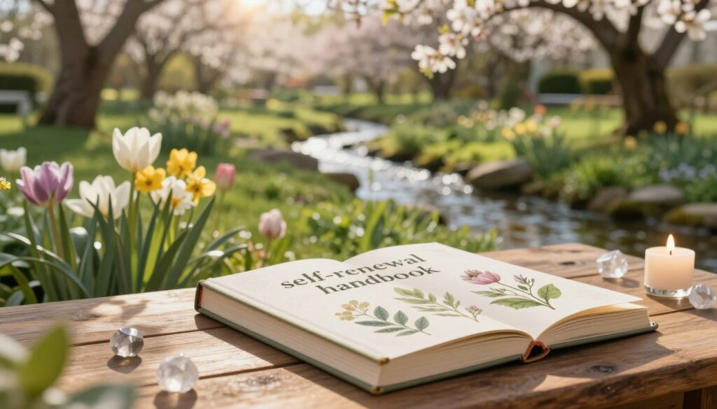 A serene and inviting scene depicting a "self-renewal handbook." In the foreground, place an elegantly designed book with botanical illustrations, resting on a wooden table adorned with crystals and candles. In the middle ground, lush spring flowers are interspersed with green foliage, symbolizing growth and transformation. A gentle stream of sunlight filters through, casting warm and soft light across the scene, creating an uplifting atmosphere. The background features a peaceful garden setting with blossoming trees, emphasizing the themes of rebirth and change. The overall mood is tranquil and inspiring, inviting viewers to reflect on personal growth and the positive changes in their lives.