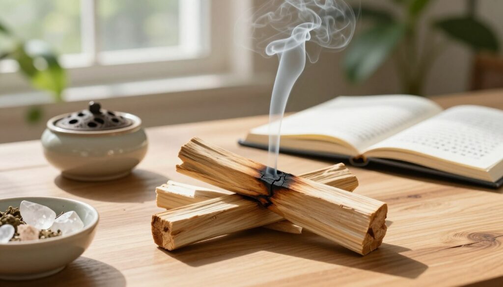 A serene and inviting scene showcasing the everyday uses of palo santo in daily life. In the foreground, a beautifully arranged bundle of palo santo sticks, partially burnt, releasing delicate wisps of aromatic smoke. Beside it, a small bowl containing crystals and herbs, hinting at their spiritual significance. In the middle ground, a sunlit wooden table adorned with a ceramic incense holder and a journal, open to pages with handwritten notes about palo santo rituals. The background features soft, blurred green plants and a calming, softly lit window casting natural light into the scene, creating a warm and peaceful atmosphere. The overall mood is tranquil and uplifting, evoking a sense of cleansing and renewal.