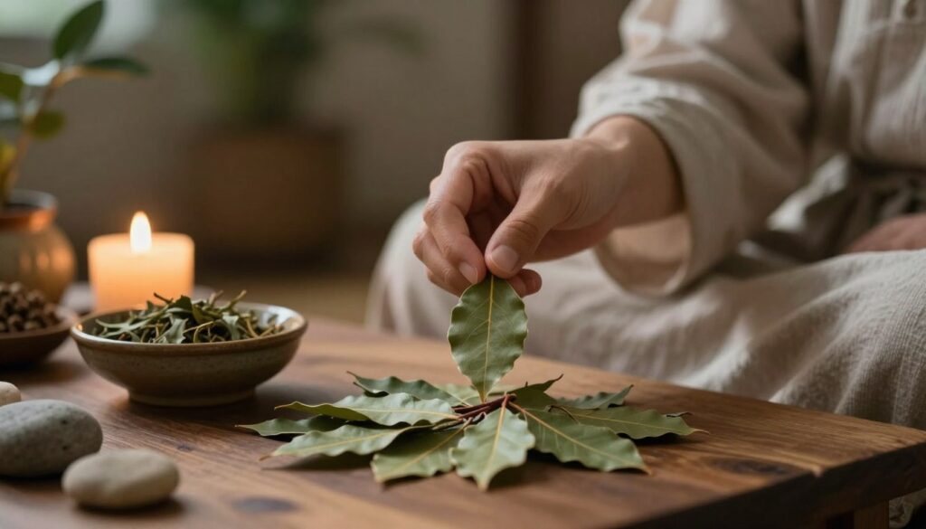 A serene and mystical scene depicting a ritual with bay leaves as the focal point. In the foreground, a wooden table adorned with several fresh green bay leaves, a small ceramic bowl filled with herbs, and a lit candle casting warm, flickering light. In the middle ground, a gentle hand dressed in modest clothing carefully holds a bay leaf, symbolizing intention and focus. The background shows a softly blurred setting of a cozy, dimly lit room with natural elements like plants and stones, enhancing the atmosphere of tranquility and spirituality. Soft, diffuse lighting creates a calming ambiance, inviting the viewer into this sacred moment. The scene conveys a sense of mindfulness and connection to nature.