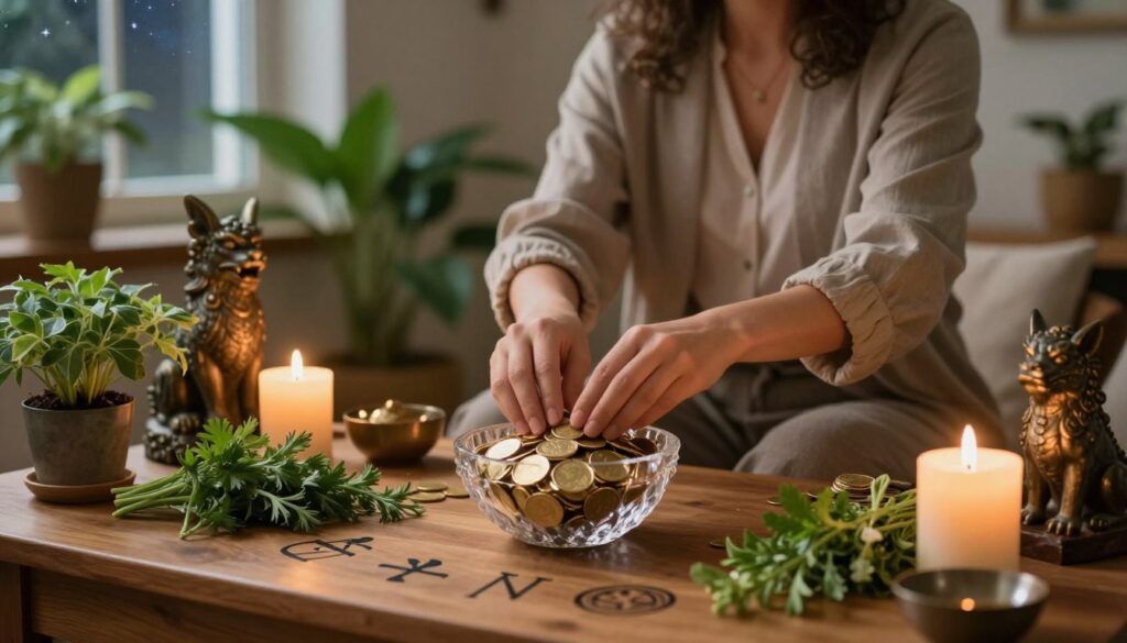 A serene and mystical scene depicting a wealth ritual in a cozy, warmly lit space. In the foreground, a wooden table is adorned with symbols of abundance: a crystal bowl filled with golden coins, fresh green herbs, and a lit candle casting a soft glow. In the middle ground, a person dressed in modest, professional attire is engaged in the ritual, their hands gently placing items on the table. They are surrounded by lush plants, reflecting prosperity, and the presence of a small statue of a mythical creature believed to attract wealth. In the background, a window shows a hint of a starry night, symbolizing limitless possibilities. The atmosphere is calm and focused, with a sense of spiritual connection to the practice of abundance. A serene and mystical scene depicting a wealth ritual in a cozy, warmly lit space. In the foreground, a wooden table is adorned with symbols of abundance: a crystal bowl filled with golden coins, fresh green herbs, and a lit candle casting a soft glow. In the middle ground, a person dressed in modest, professional attire is engaged in the ritual, their hands gently placing items on the table. They are surrounded by lush plants, reflecting prosperity, and the presence of a small statue of a mythical creature believed to attract wealth. In the background, a window shows a hint of a starry night, symbolizing limitless possibilities. The atmosphere is calm and focused, with a sense of spiritual connection to the practice of abundance.