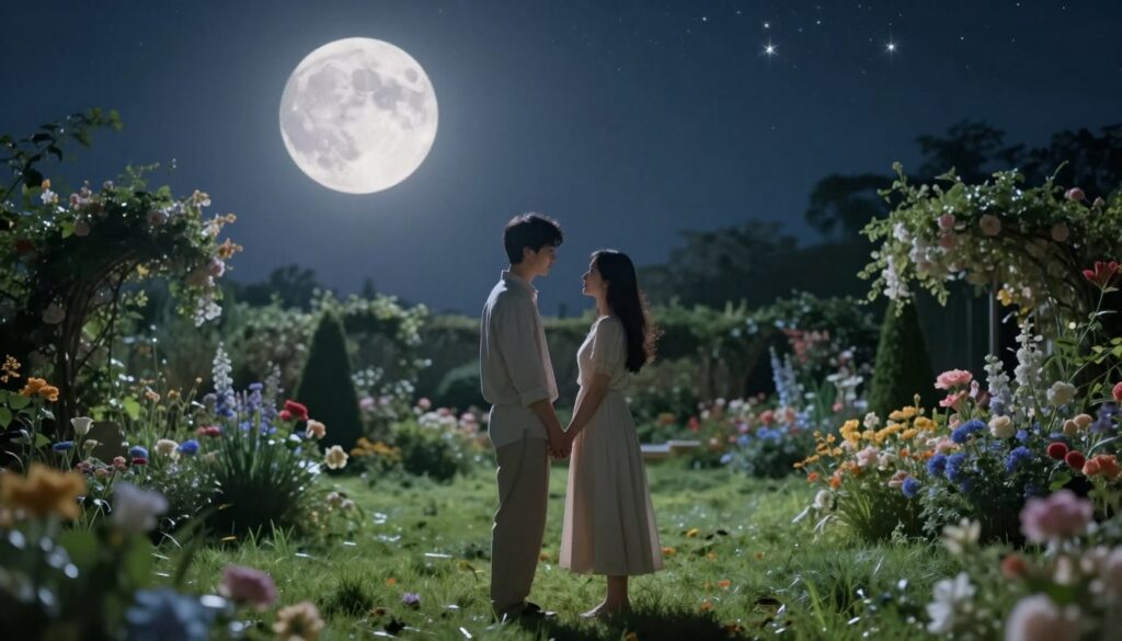 A serene and romantic scene under a full moon, illuminating a tranquil landscape. In the foreground, a couple dressed in modest, elegant clothing stands hand in hand, gazing into each other's eyes, embodying love and commitment. The middle ground features a picturesque garden with blooming flowers and soft, lush grass, symbolizing fertility and new beginnings. In the background, a majestic full moon hangs low in the night sky, casting a silver glow on the surroundings, with scattered stars twinkling above. Soft, ethereal lighting enhances the mood, creating a dreamy atmosphere. The scene is captured from a slightly elevated angle to showcase both the couple and the enchanting surroundings, evoking feelings of hope, romance, and the magical essence of life decisions during a full moon.