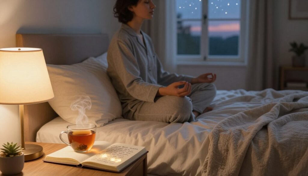 A serene bedroom scene at twilight, softly illuminated by warm, gentle lighting from a bedside lamp. In the foreground, a cozy bed with fluffy pillows and a soft blanket, inviting relaxation. On the nightstand, an open journal with handwritten affirmations glowing softly, alongside a steaming cup of herbal tea. The middle ground features a peaceful figure in modest pajamas, sitting cross-legged on the bed, eyes closed in a meditative pose, exuding calmness and focus. In the background, a window reveals a twilight sky with stars beginning to twinkle. The mood is tranquil and reflective, embodying a moment of self-affirmation and inner peace before sleep. This image captures the essence of integrating affirmations into a nighttime routine. A serene bedroom scene at twilight, softly illuminated by warm, gentle lighting from a bedside lamp. In the foreground, a cozy bed with fluffy pillows and a soft blanket, inviting relaxation. On the nightstand, an open journal with handwritten affirmations glowing softly, alongside a steaming cup of herbal tea. The middle ground features a peaceful figure in modest pajamas, sitting cross-legged on the bed, eyes closed in a meditative pose, exuding calmness and focus. In the background, a window reveals a twilight sky with stars beginning to twinkle. The mood is tranquil and reflective, embodying a moment of self-affirmation and inner peace before sleep. This image captures the essence of integrating affirmations into a nighttime routine.