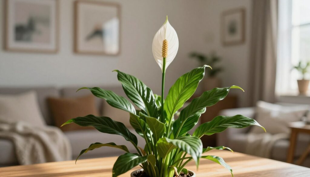 A serene indoor setting featuring a vibrant peace lily plant (Skrzydłokwiat) as the focal point, located on a wooden table. The peace lily's lush green leaves and elegant white flowers symbolize harmony, fidelity, and deep emotions in relationships. In the background, softly blurred, a cozy and warm living room can be seen, adorned with subtle decorations like framed art and a soft throw blanket. Gentle sunlight filters through a window, casting soft, diffused light that enhances the tranquil atmosphere. The composition captures a close-up angle that emphasizes the beauty and significance of the peace lily, reflecting the themes of love and marriage.
