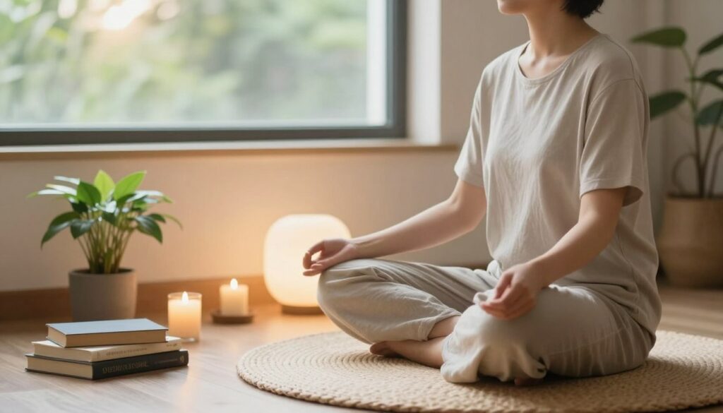 A serene indoor space enriched with natural light, showcasing a small, peaceful meditation corner. In the foreground, a person in modest, casual clothing sits cross-legged on a soft, woven mat, eyes gently closed, embodying mindfulness. Surrounding them, various symbols of tranquility—such as a small potted plant, candles, and a stack of inspirational books—create a harmonious atmosphere. In the middle ground, a softly glowing aura emanates from the practice area, enhancing the feeling of happiness and calm. The background features a window with a gentle view of nature, introducing soft greenery and a hint of sunlight streaming through the glass. The overall mood is peaceful and uplifting, capturing the essence of daily mindfulness practices that promote happiness. A serene indoor space enriched with natural light, showcasing a small, peaceful meditation corner. In the foreground, a person in modest, casual clothing sits cross-legged on a soft, woven mat, eyes gently closed, embodying mindfulness. Surrounding them, various symbols of tranquility—such as a small potted plant, candles, and a stack of inspirational books—create a harmonious atmosphere. In the middle ground, a softly glowing aura emanates from the practice area, enhancing the feeling of happiness and calm. The background features a window with a gentle view of nature, introducing soft greenery and a hint of sunlight streaming through the glass. The overall mood is peaceful and uplifting, capturing the essence of daily mindfulness practices that promote happiness.