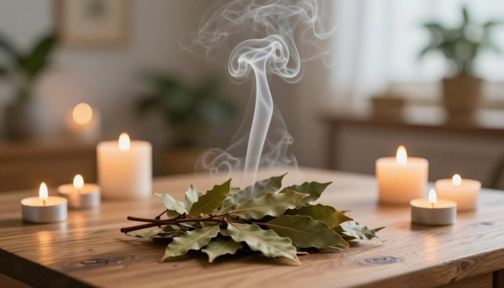 A serene interior setting showcasing the ritual of cleansing a home with the fragrant smoke of bay leaves. In the foreground, a beautifully arranged bundle of dried bay leaves is placed on a wooden table, surrounded by glowing candles that emit a warm, inviting light. The middle ground reveals curling waves of fragrant smoke rising gently from the leaves, enveloping the room in a soft, ethereal mist. The background features a cozy, softly lit space with natural elements like plants and a warm-toned ambiance, enhancing the sense of harmony and tranquility. The overall mood is one of peaceful rejuvenation and energetic reset, capturing the essence of purification through the aromatic ritual. Use soft focus and a slightly overhead angle to emphasize the depth of the scene.
