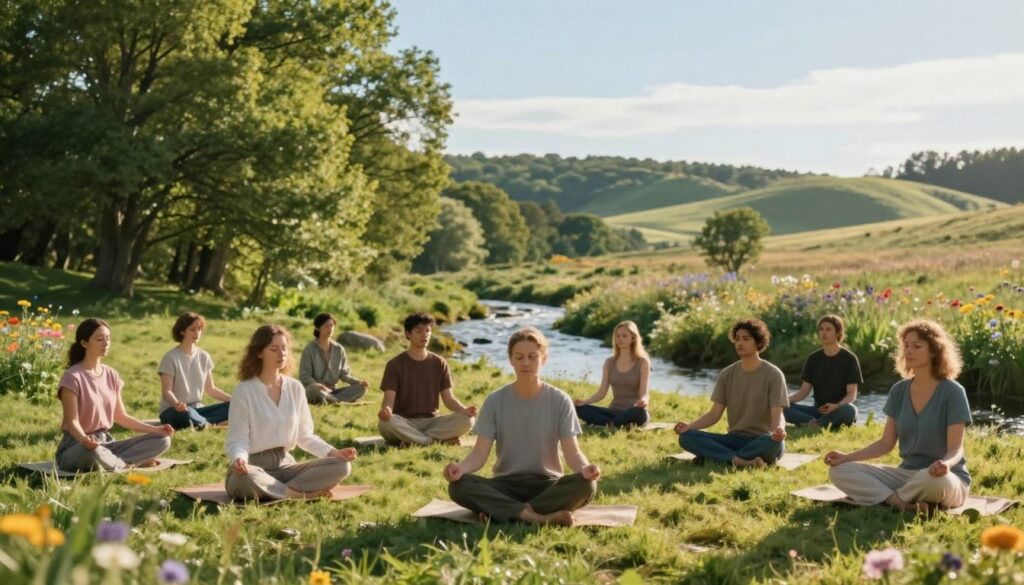 A serene meditation scene set in a tranquil nature setting. In the foreground, a diverse group of individuals in modest casual clothing sit cross-legged on soft grass, eyes closed, embodying peace and focus. In the middle, a gentle stream flows, reflecting the soft sunlight filtering through lush green trees, while colorful wildflowers add bursts of color. The background features rolling hills and a clear blue sky, creating a sense of open space and tranquility. Soft, warm lighting enhances the calm atmosphere, casting gentle shadows. The overall mood evokes serenity and mindfulness, ideal for illustrating the theme of meditation and relaxation. A serene meditation scene set in a tranquil nature setting. In the foreground, a diverse group of individuals in modest casual clothing sit cross-legged on soft grass, eyes closed, embodying peace and focus. In the middle, a gentle stream flows, reflecting the soft sunlight filtering through lush green trees, while colorful wildflowers add bursts of color. The background features rolling hills and a clear blue sky, creating a sense of open space and tranquility. Soft, warm lighting enhances the calm atmosphere, casting gentle shadows. The overall mood evokes serenity and mindfulness, ideal for illustrating the theme of meditation and relaxation.