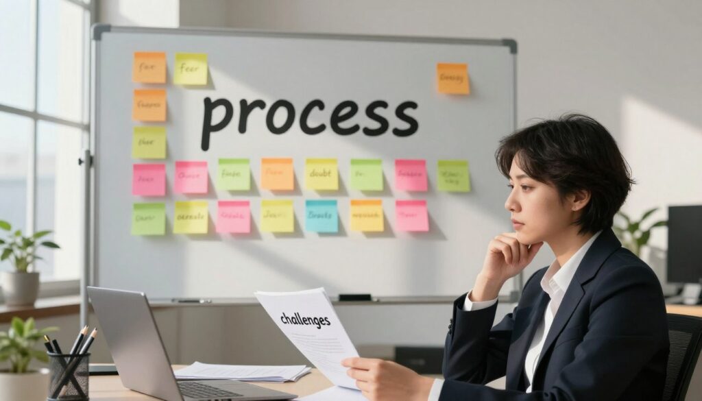A serene office environment illustrating the concept of "process" amid common obstacles. In the foreground, a thoughtful person in professional attire is seated at a desk, their expression contemplative as they glance at a stack of papers labeled "challenges." The middle layer features a whiteboard filled with colorful sticky notes, each representing different psychological barriers like "fear," "doubt," and "overwhelm." The background is a window showcasing a sunny day, symbolizing clarity and hope. Soft, natural light filters through the window, casting gentle shadows. The overall mood is one of introspection and determination, inspiring viewers to confront and overcome their own hurdles in the journey of personal growth.